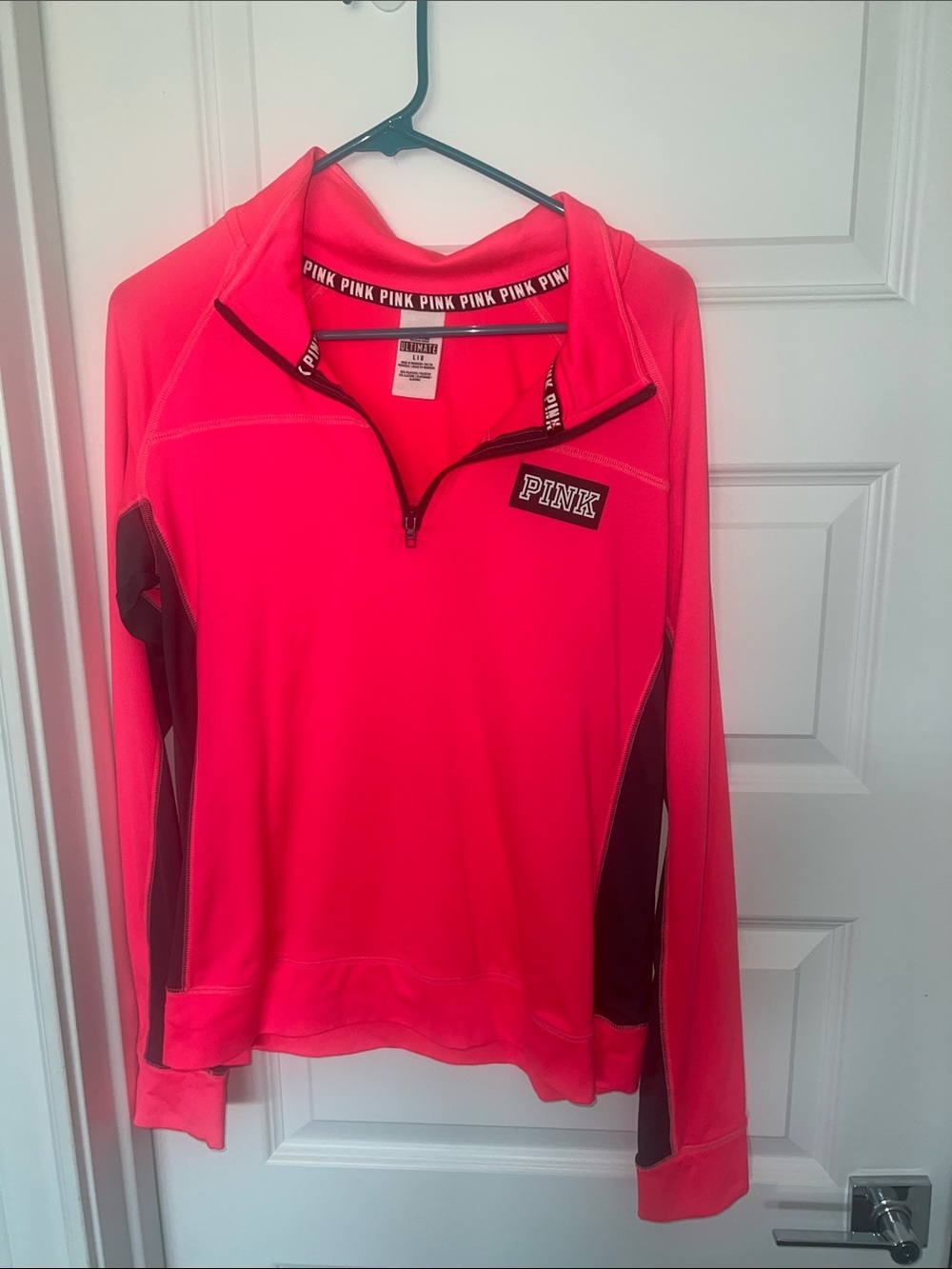 PINK Victoria's Secret Neon Pink Quarter-Zip Pullover with Black Panels